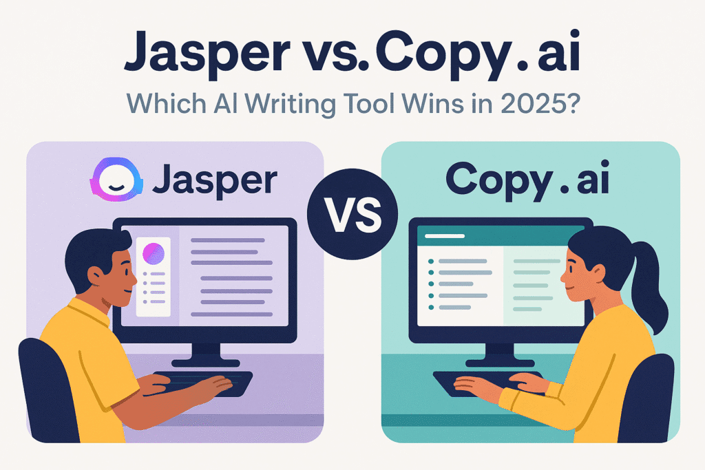 Side-by-side illustration of Jasper and Copy.ai user interfaces highlighting differences for content creators in 2025