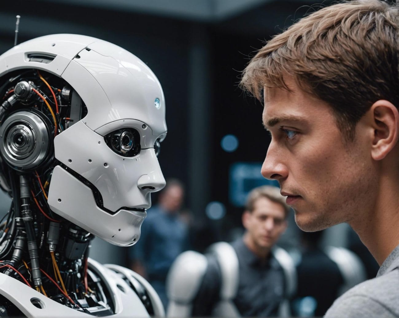 Illustration of AI and a human writer working together on content